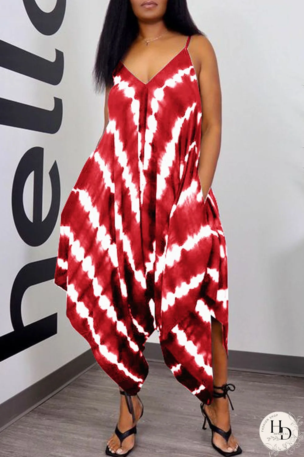 Red Casual Print Split Joint Spaghetti Strap Loose Jumpsuits