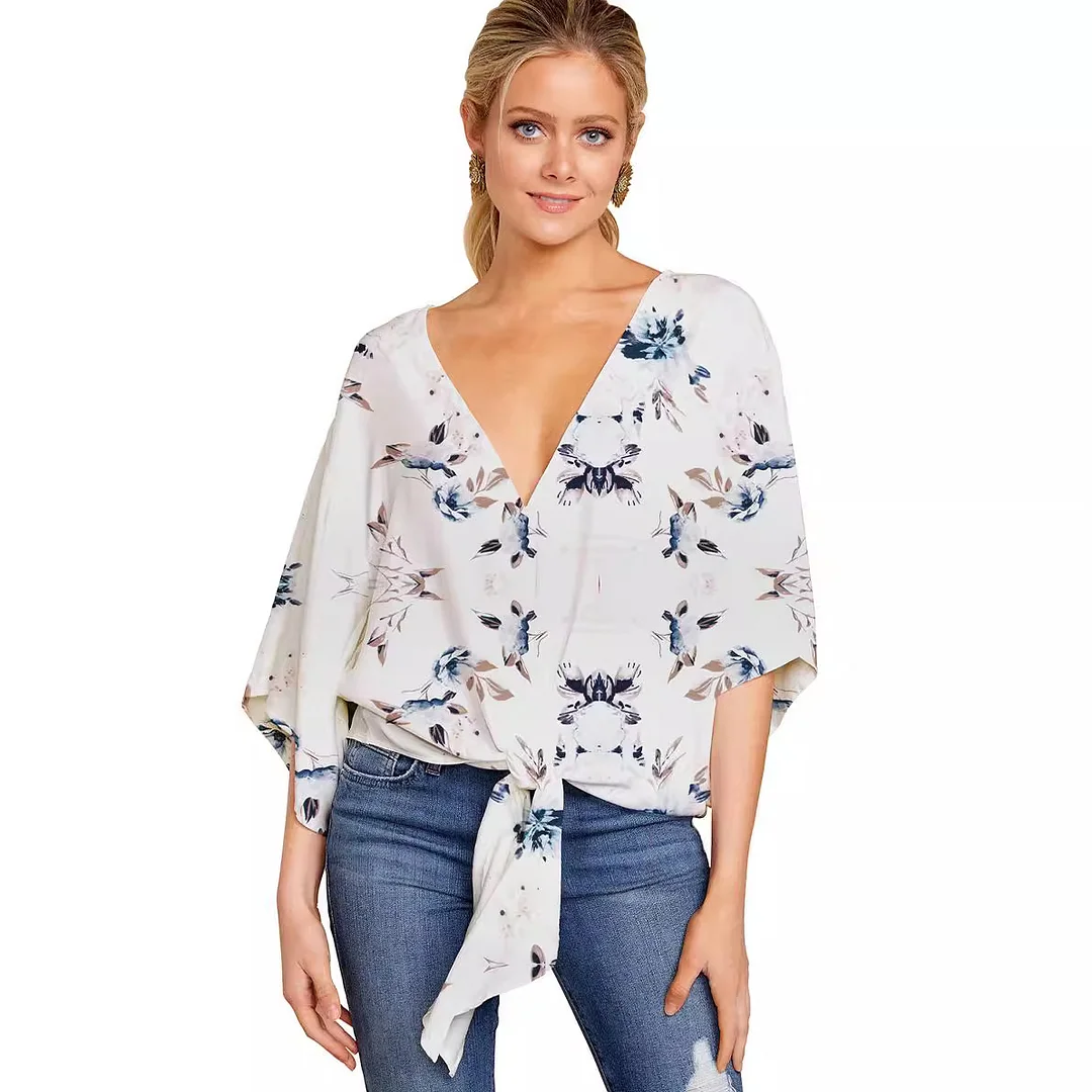 Nigikala Nigikala Women's Sexy Hot Girl Spring And Summer V-Neck Short-Sleeved Knot Print Shirt