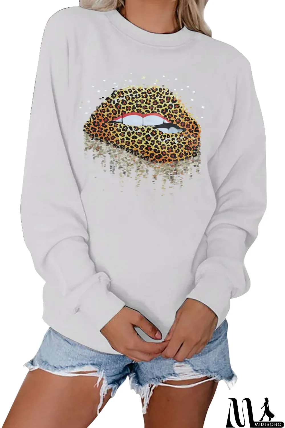 MidiSono - White Crew Neck Leopard Lips Graphic Sweatshirt