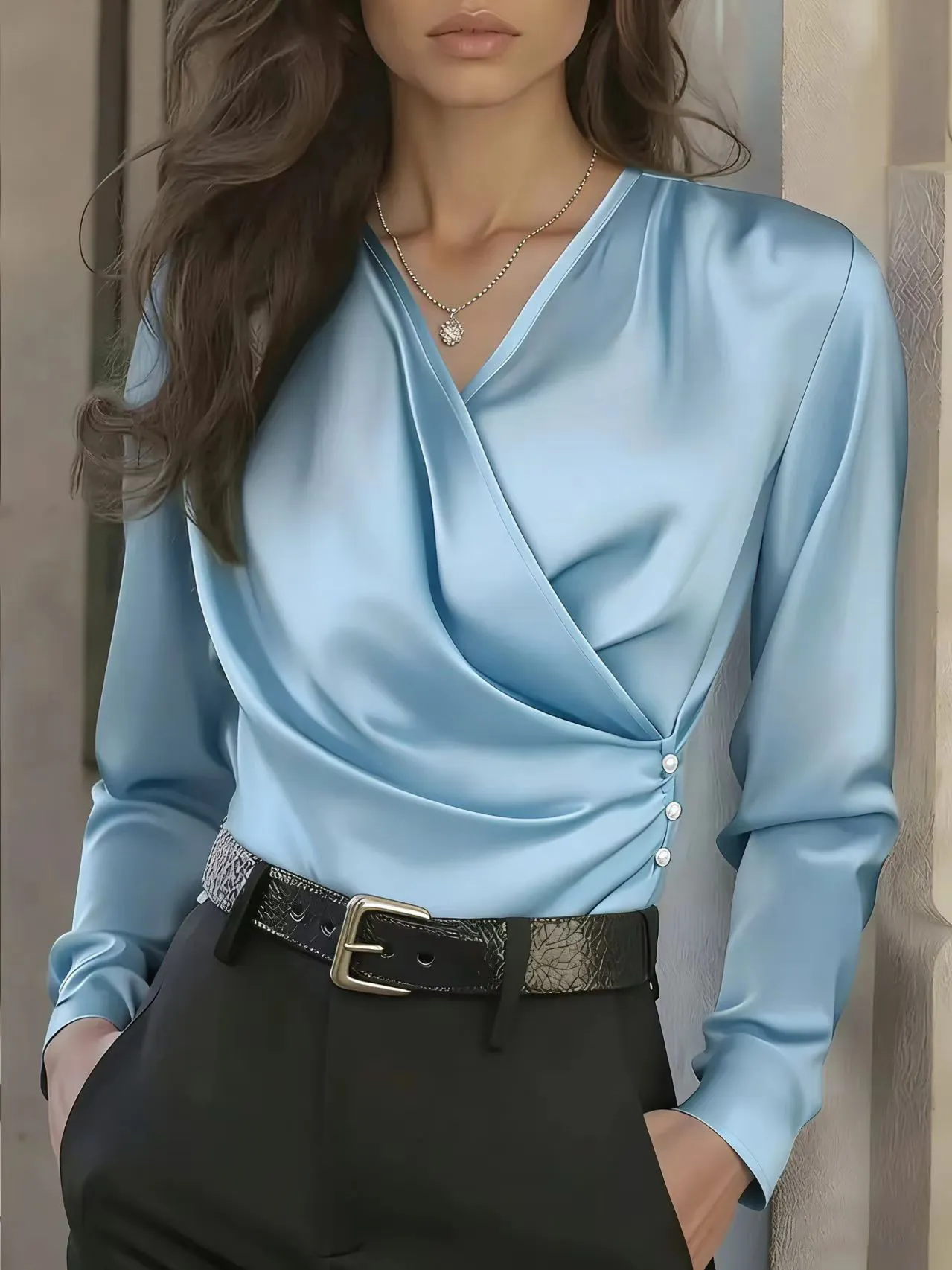 Wrap V Neck Ruched Side Pearl Button Slim Fit Satin Long Sleeve Commuter Blouse
