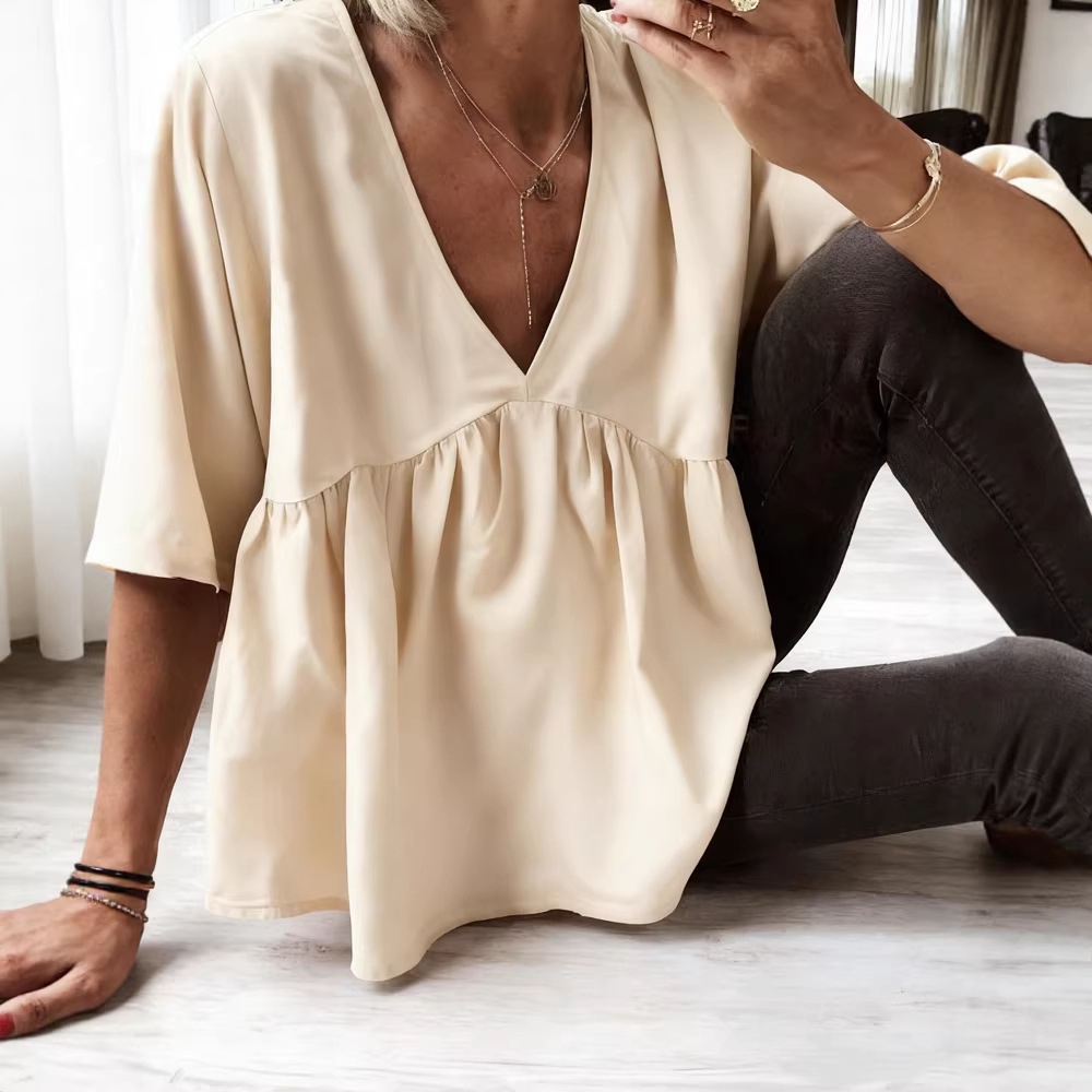Women's Casual Solid Color V-neck Cotton Linen Top elevenforest
