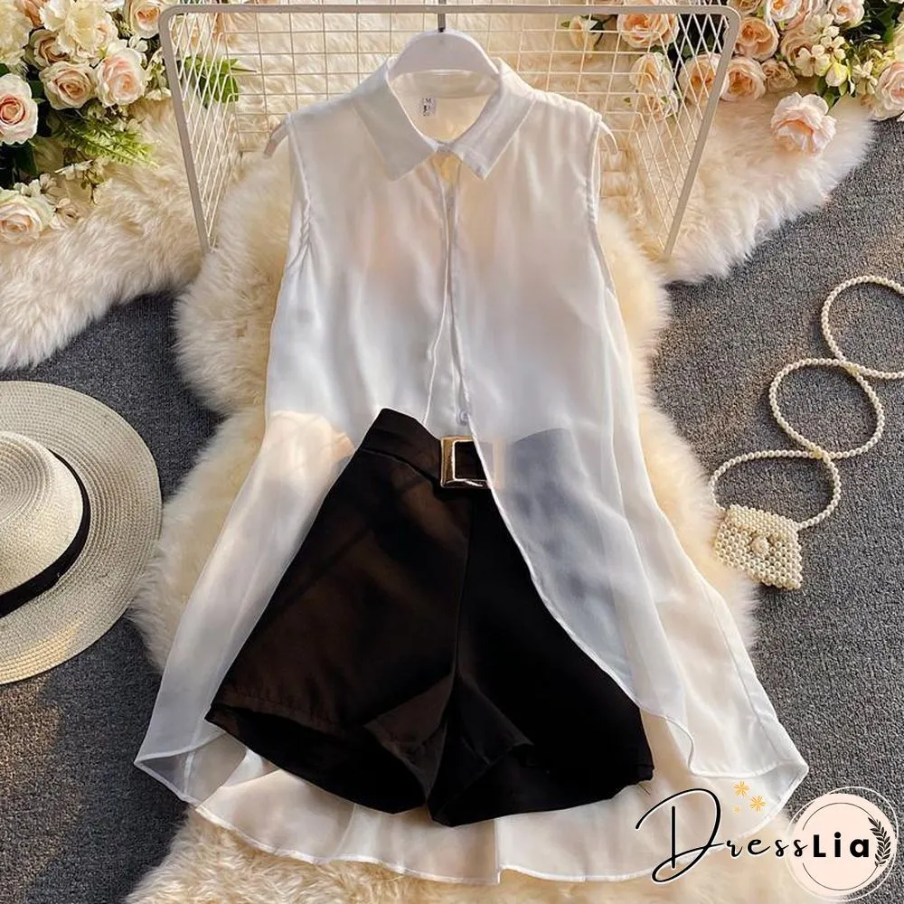 Sleeveless Chiffon Tee+Wild Shorts P14827