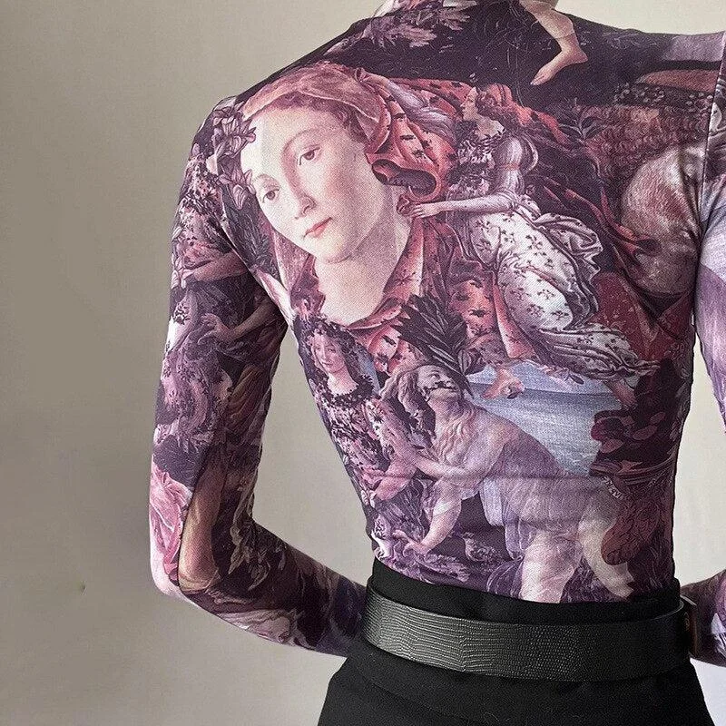 Brownm Angel Graphic Mesh Top