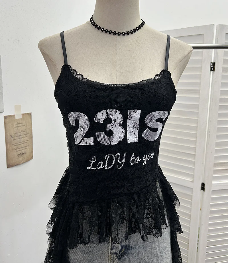 Uveng Real Shooting Lace Sling Vest Irregular Ribbon Hot Wear Print Short-Sleeved Top 1193