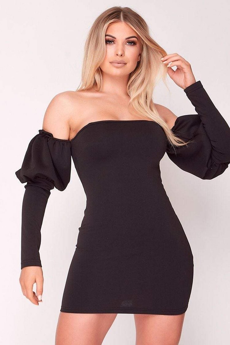 black puff sleeve bardot dress