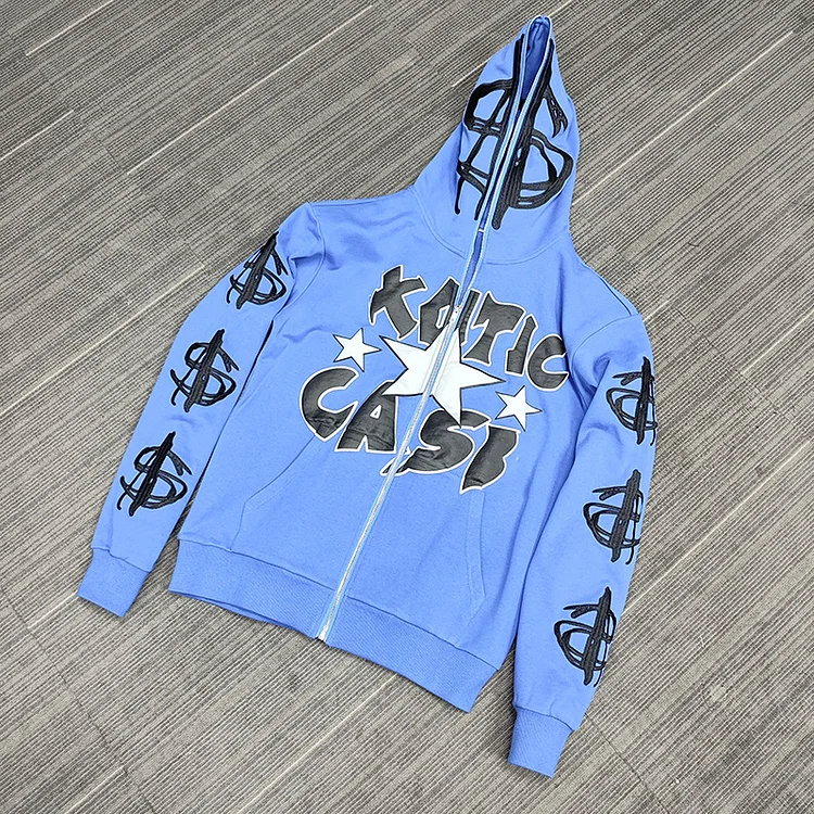 Star Letter Print Sweatshirt Oversized Y2k Street Hip Hop Casual Full Zip Up Hoodie at Hiphopee