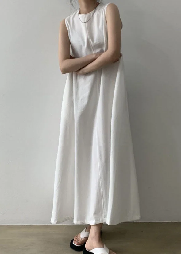 Classy White O Neck Patchwork Cotton Maxi Dresses Sleeveless