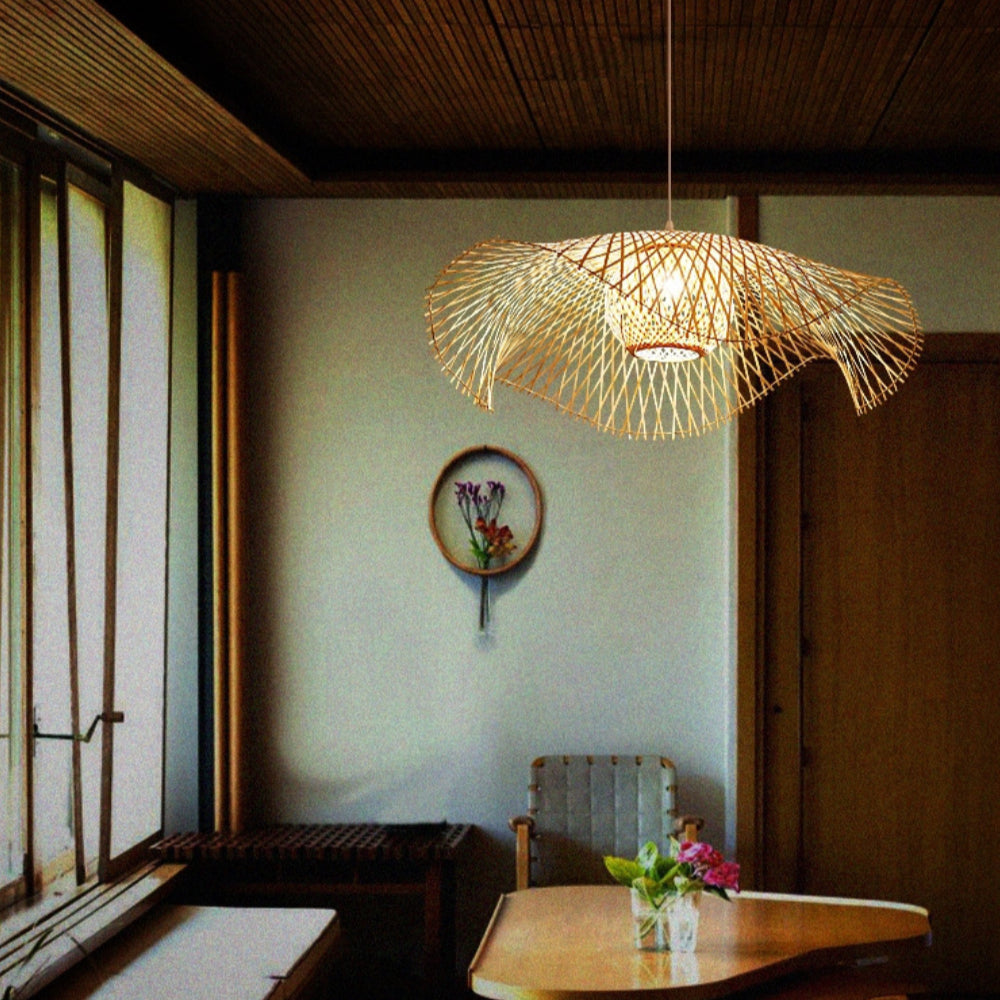 Floppy Hat Bamboo Woven Hanging Pendant Light