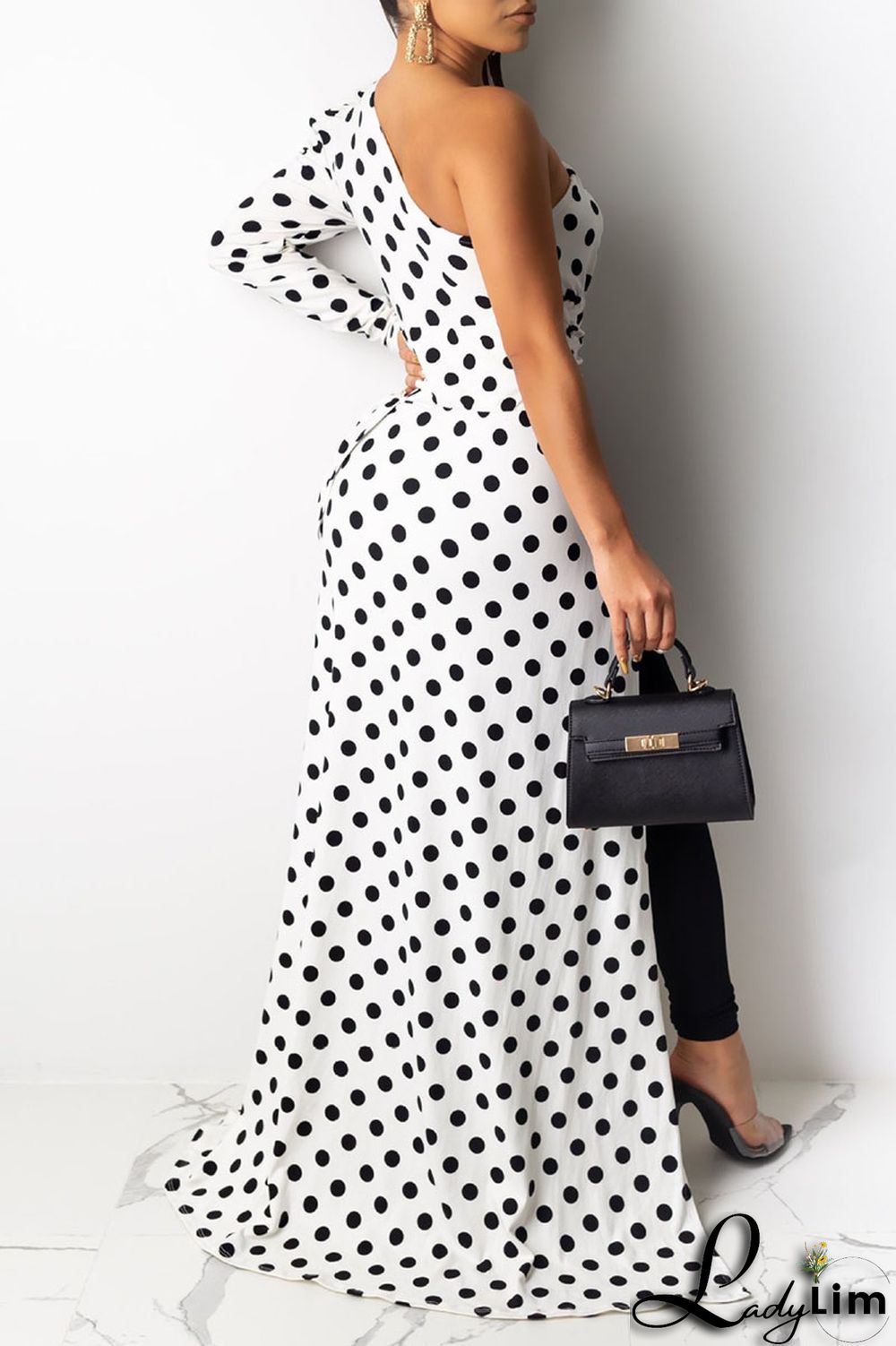 Black Sexy Print Leopard Split Joint Fold Asymmetrical Oblique Collar Dresses