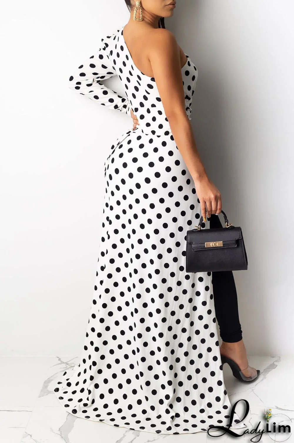 Black Sexy Print Leopard Split Joint Fold Asymmetrical Oblique Collar Dresses