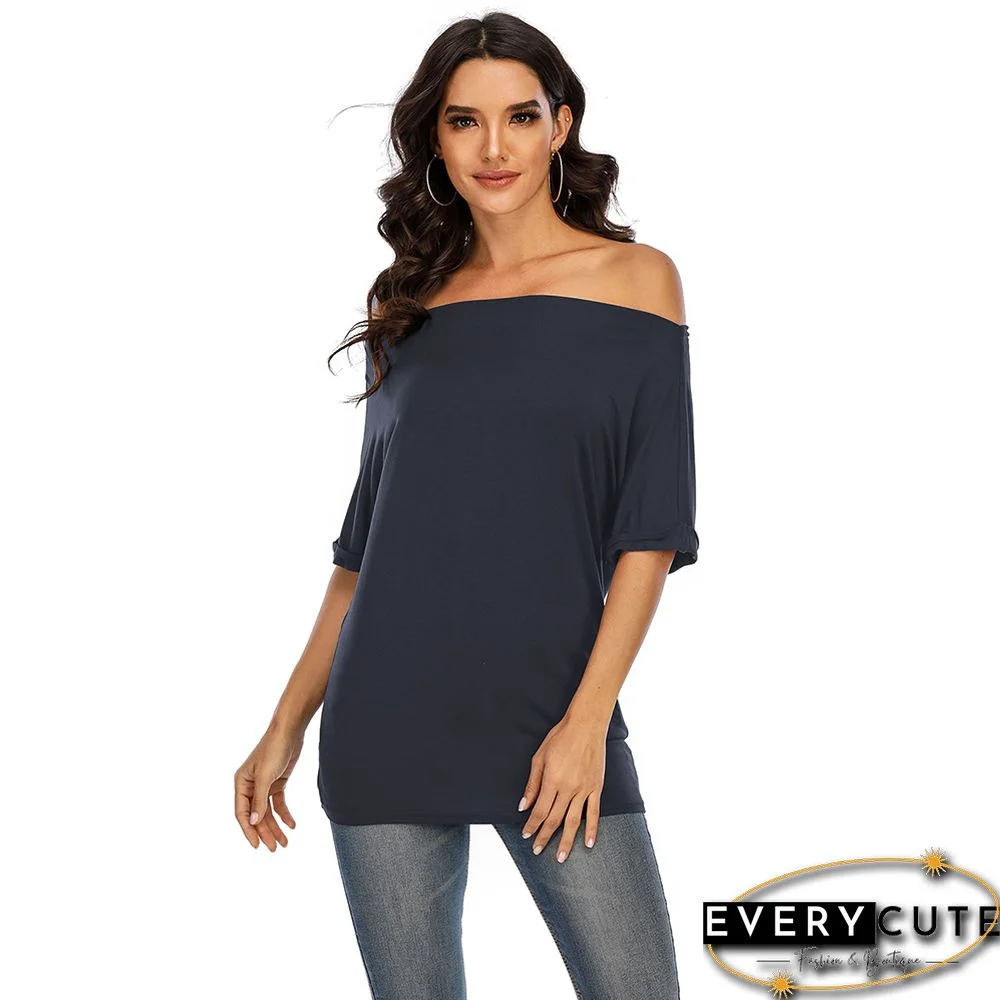 Navy Blue Cotton Blend Off Shoulder Tops