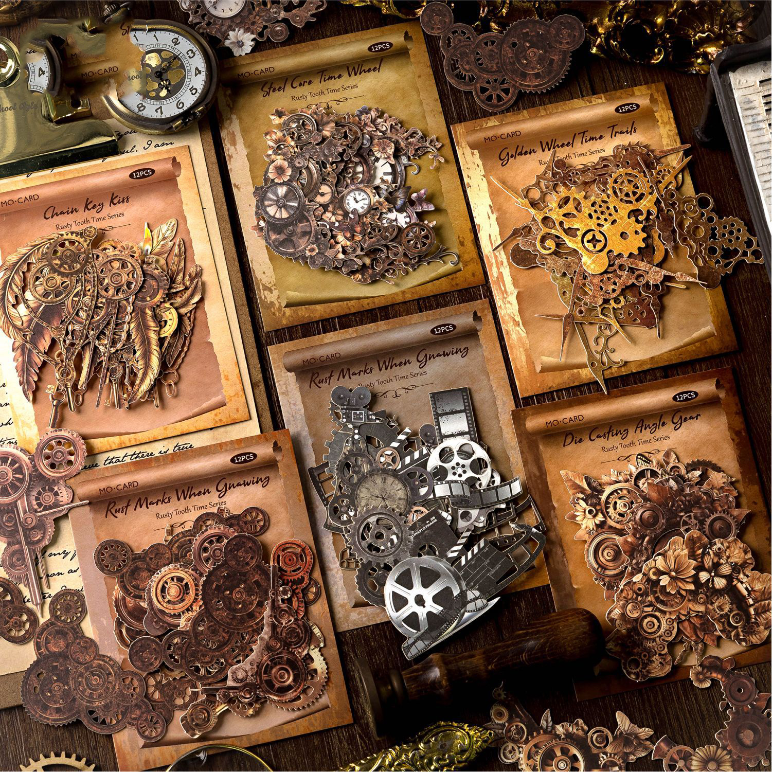 스티커 - 러스티 티스 타임 시리즈 빈티지 기어 홀로우 보더 풍경