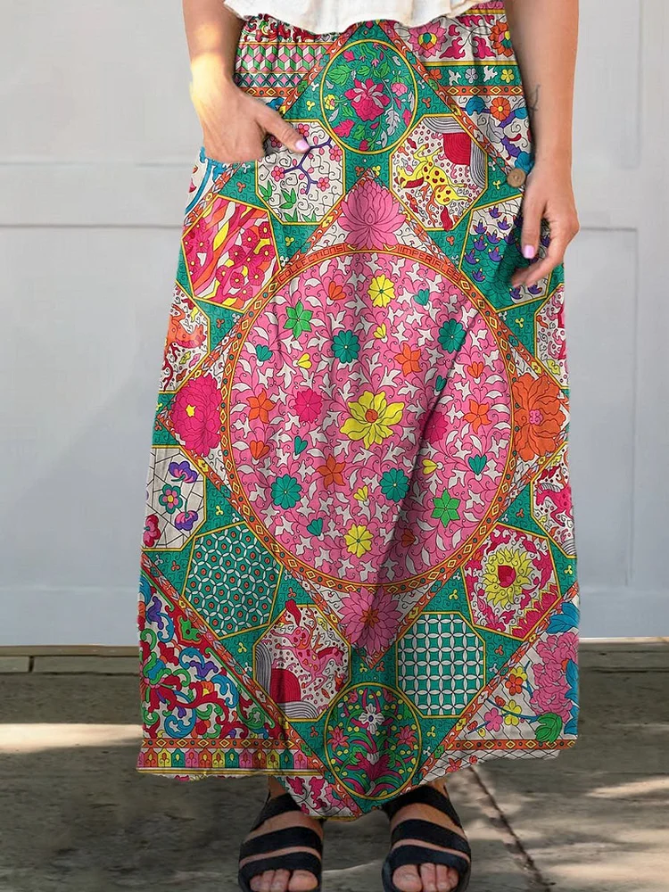 Women's Colorful Ethnic Flowers Print Linen Pocket Skirt