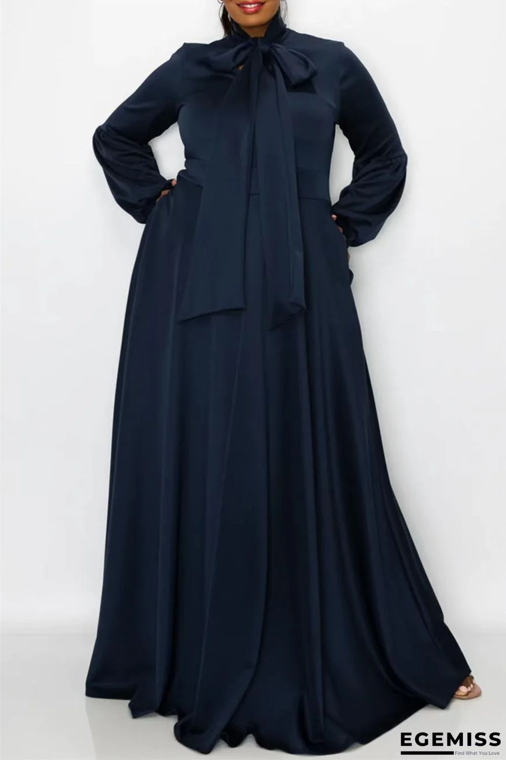 Tibetan Blue Casual Solid With Bow O Neck Long Sleeve Plus Size Dresses | EGEMISS