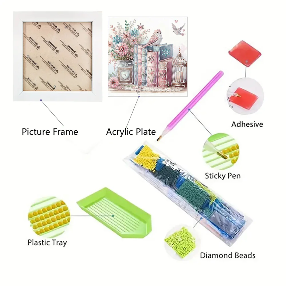 5D DIY Partial Special Shaped Drill Diamond Painting Bird Book Home Kit 19.2x19.2cm【With Frame】