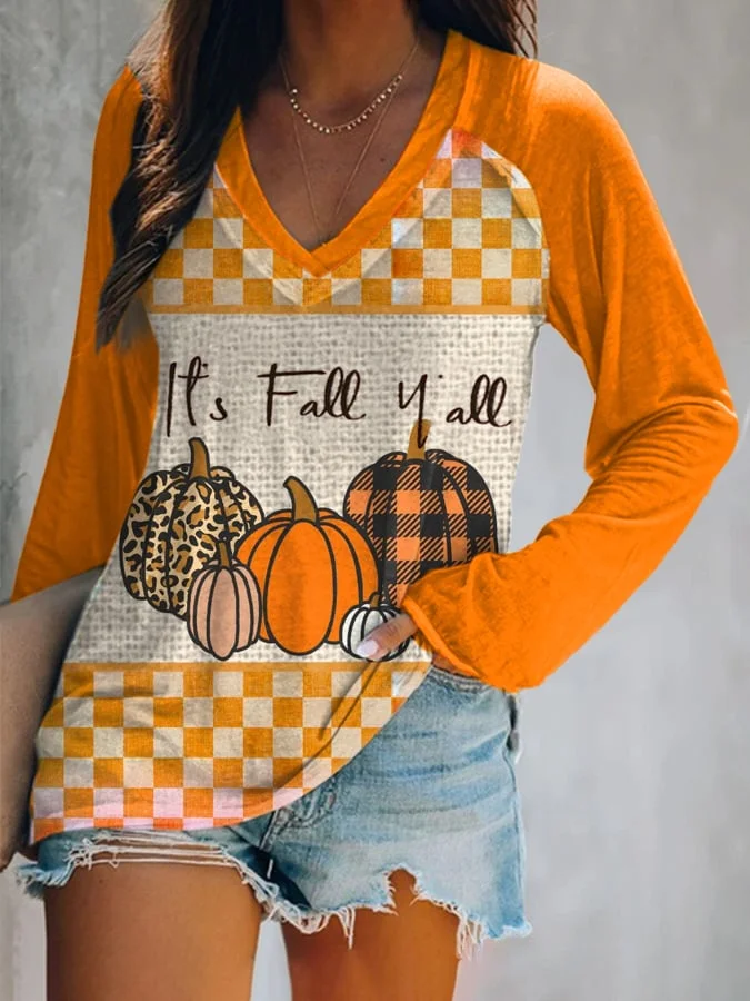 It'S Fall Y'All Plaid Pumpkin Print T-Shirt