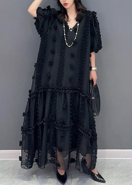Black V Neck Floral Tulle Maxi Dresses Short Sleeve