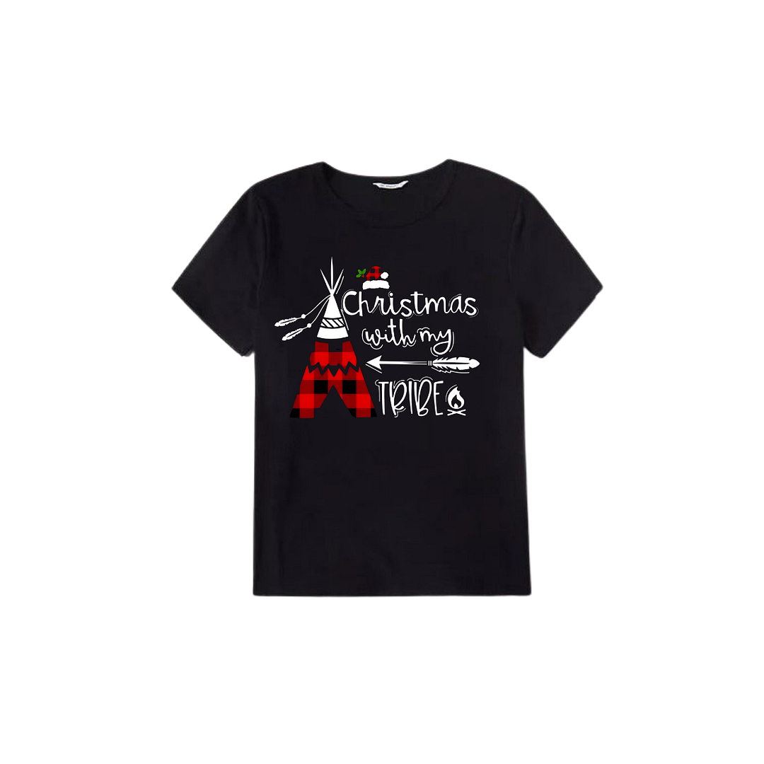 "Christmas With My Tribe" Pattern Ⅱ - Black Short Sleeve with Red & Black Plaid Pant Family Matching Pajamas