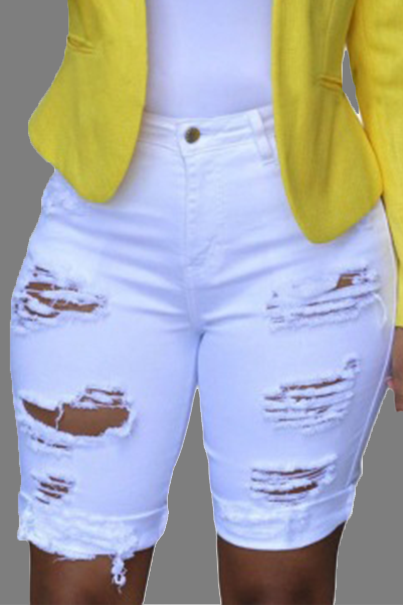 Casual Patchwork Ripped Mid Waist Straight Denim Shorts
