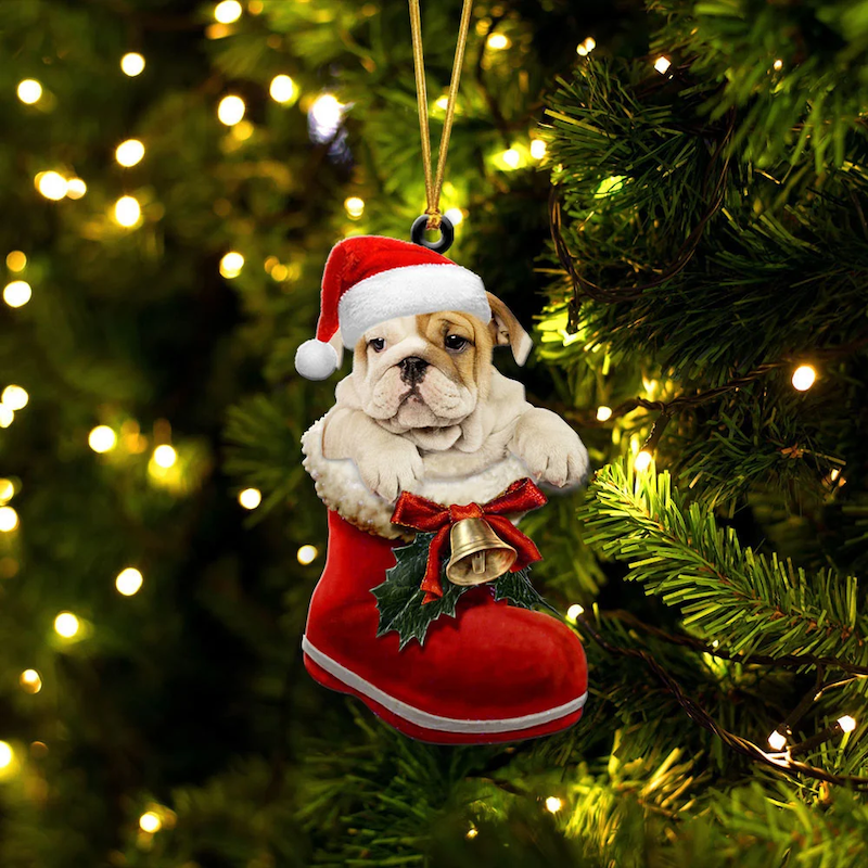 VigorDaily Bulldog In Santa Boot Christmas Hanging Ornament SB041
