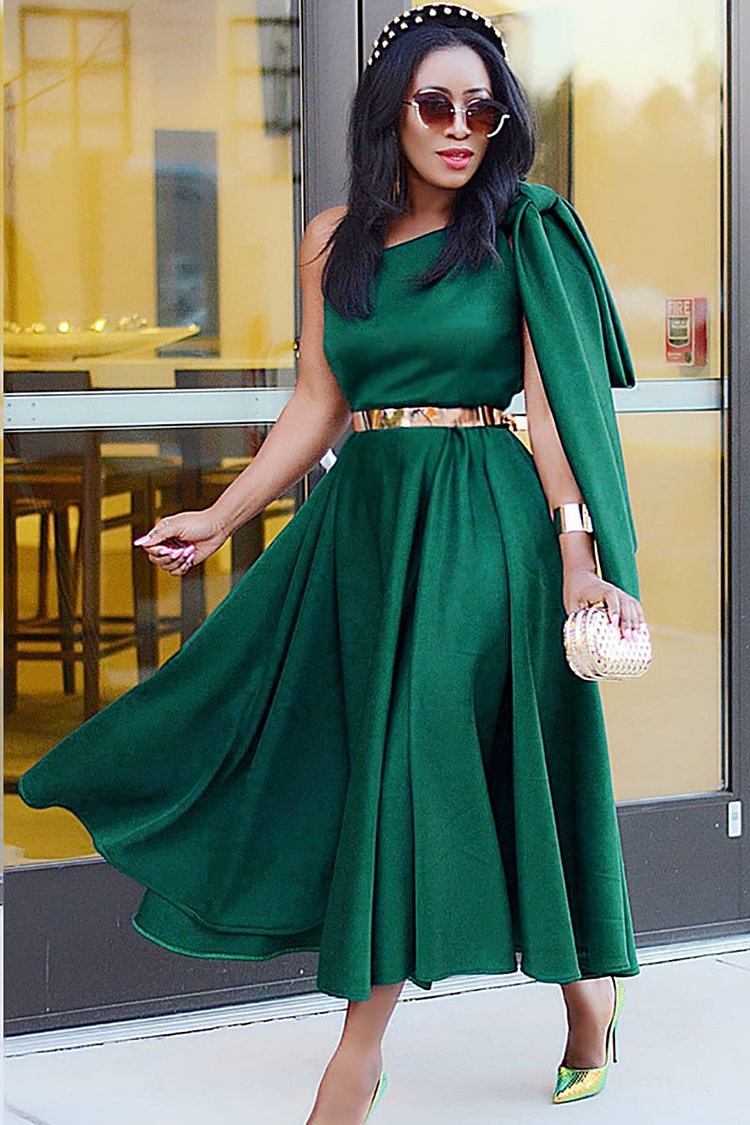 One Shoulder Pleated Midi Dresses