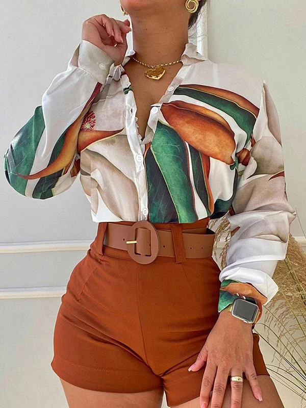Deep V-Neck Long Sleeves Buttoned Print Shirts Top +Belted Shorts Bottom Two Pieces Set