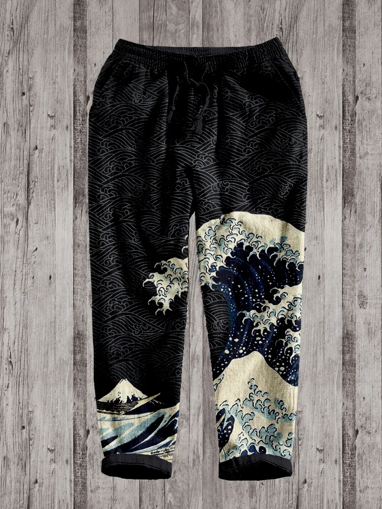 Japanese Wave Inspired Pattern Linen Blend Casual Pants