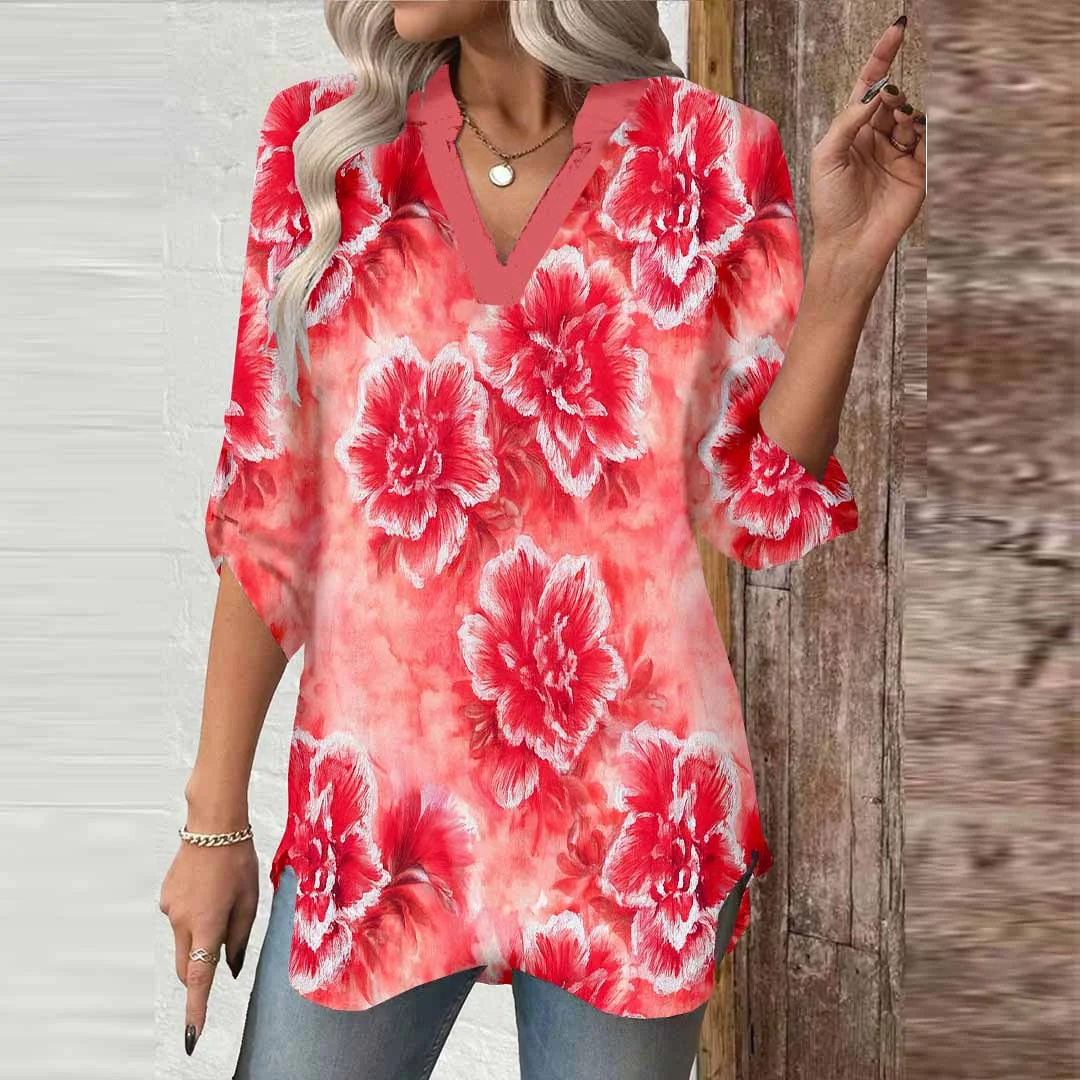 Women Floral, Red DZGA0760 3/4 Sleeve V-neck Printed Graphic Button Tops