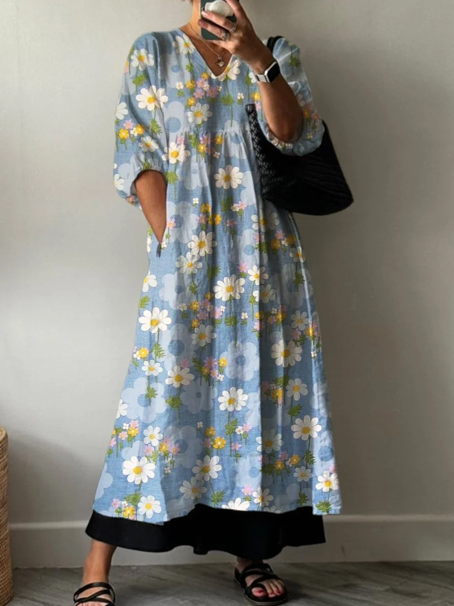 Blue Flower Print Pocket V-neck Cotton Dress