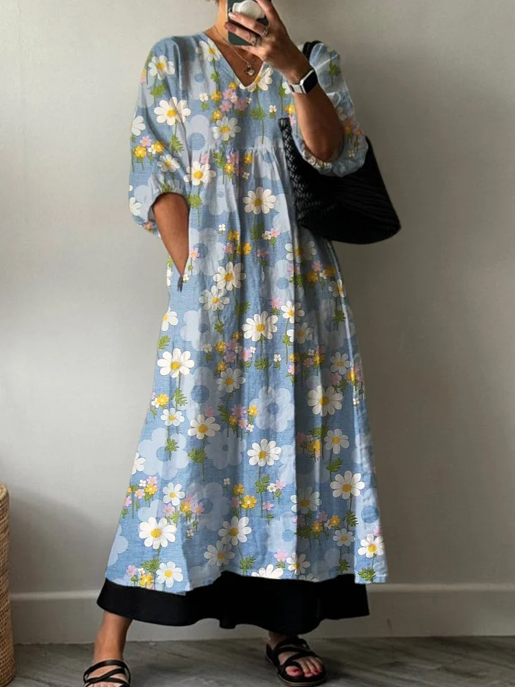 Blue Flower Print Pocket V-neck Cotton Dress