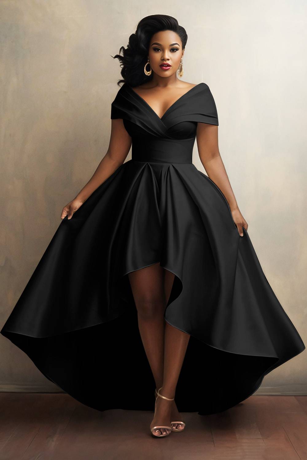 Xpluswear Design Plus Size Formal Black Off The Shoulder High Low Hem Satin Midi Dresses