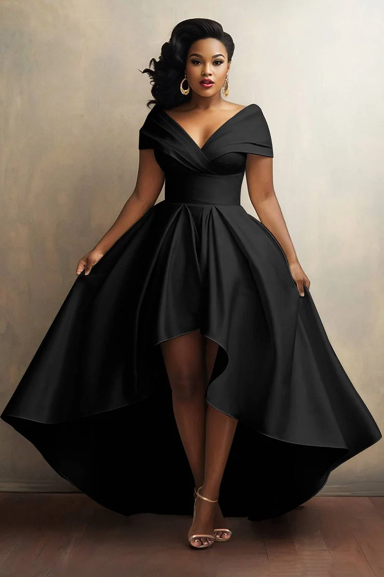 Xpluswear Design Plus Size Formal Black Off The Shoulder High Low Hem Satin Midi Dresses