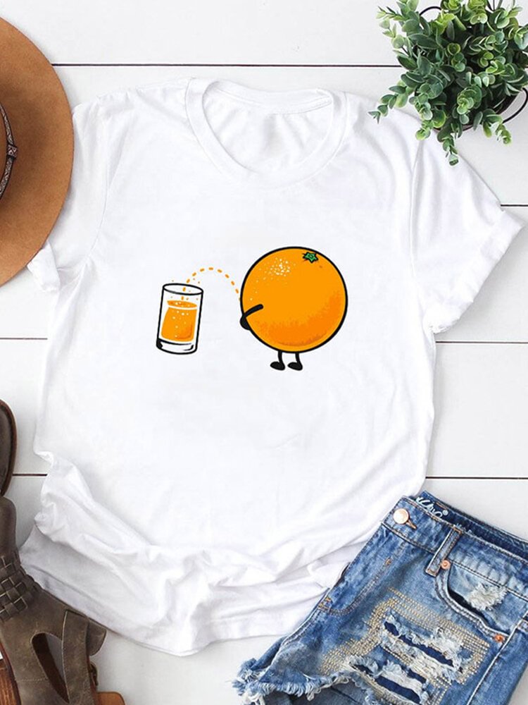 Cartoon Orange Print Short Sleeve T shirt For Women P1661485