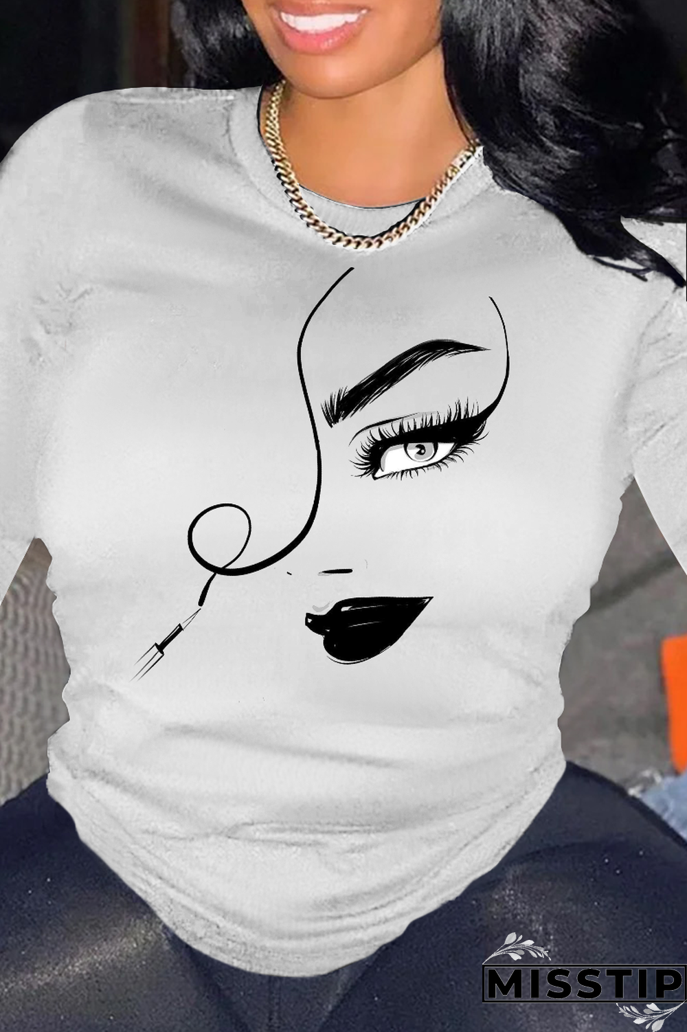 Grey Street Print Patchwork O Neck Tops