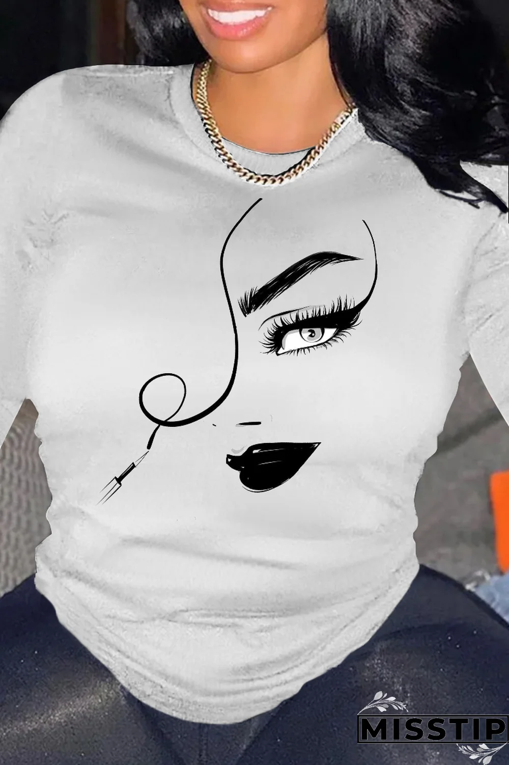 Grey Street Print Patchwork O Neck Tops