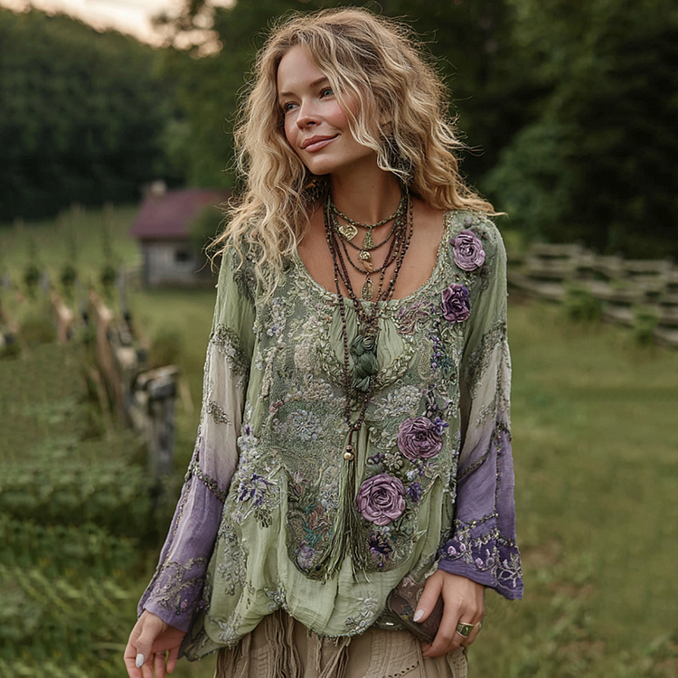 VChics Vintage Purple Lavender And Floral Embroidered Linen Long Sleeve Shirt