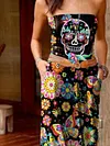 Mexican skull tube top long dress Floral Strapless Casual Knitting Dress