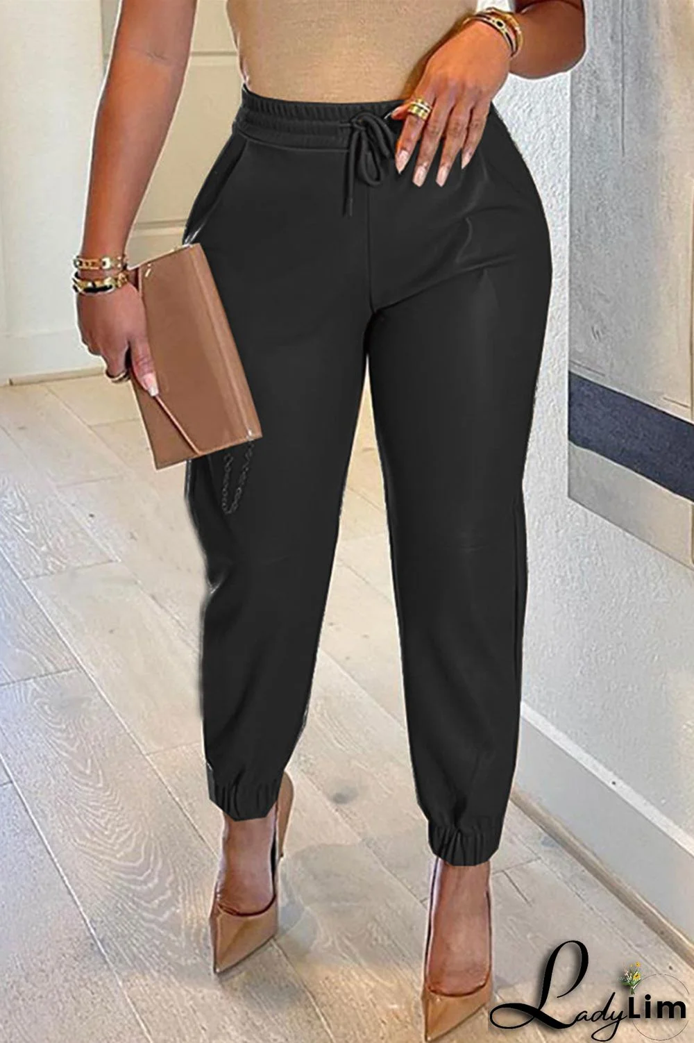 Black Fashion Casual Solid Basic Regular High Waist Trousers