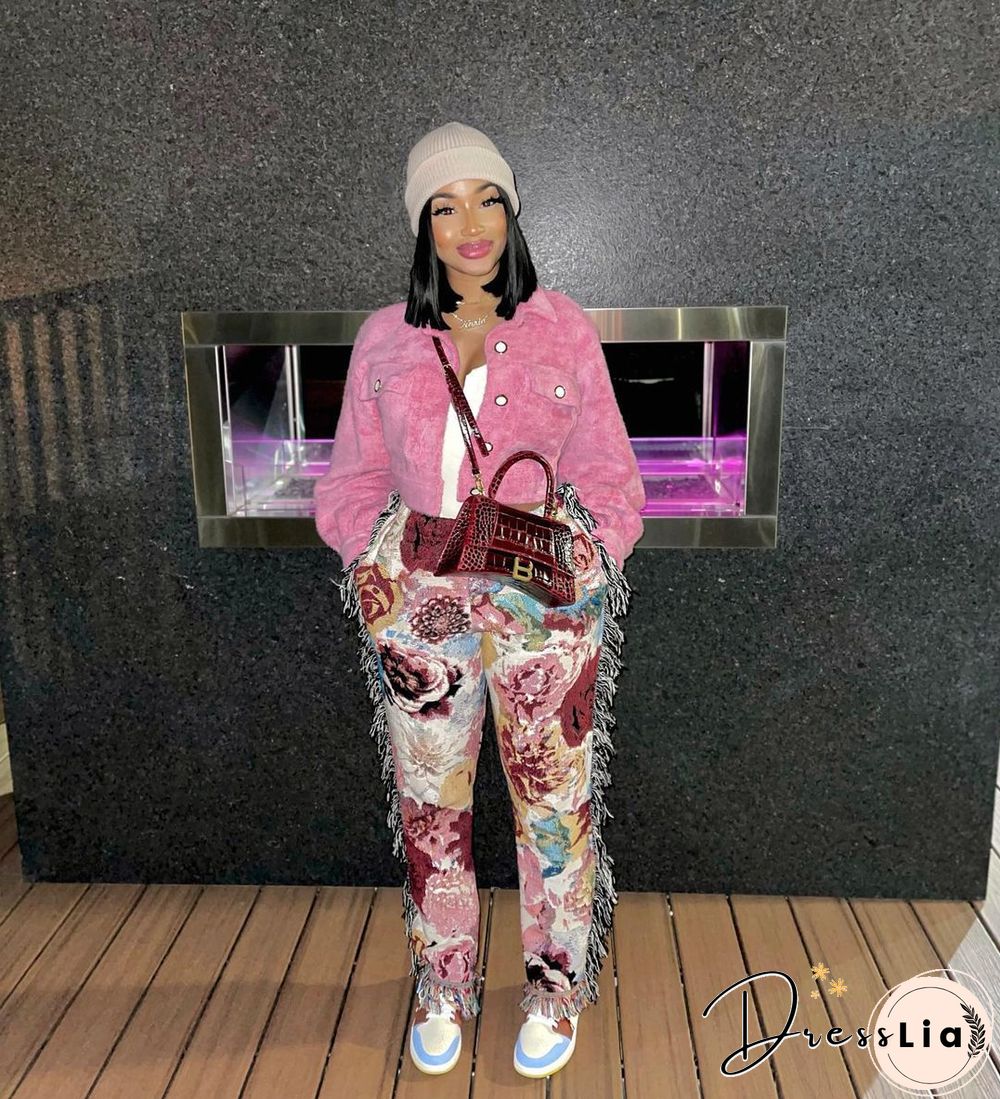 Side Tassels Patchwork Elastic Waist Women Print Jogger Pant