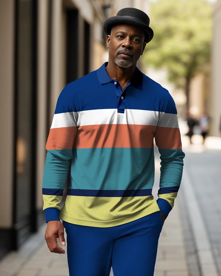 Men's Geometric Plaid Casual Colorblock POLO Shirt Trousers Set 017