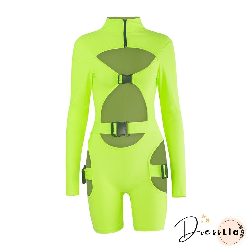Women's Shorts Fluorescent Green Long Sleeve Jumpsuit