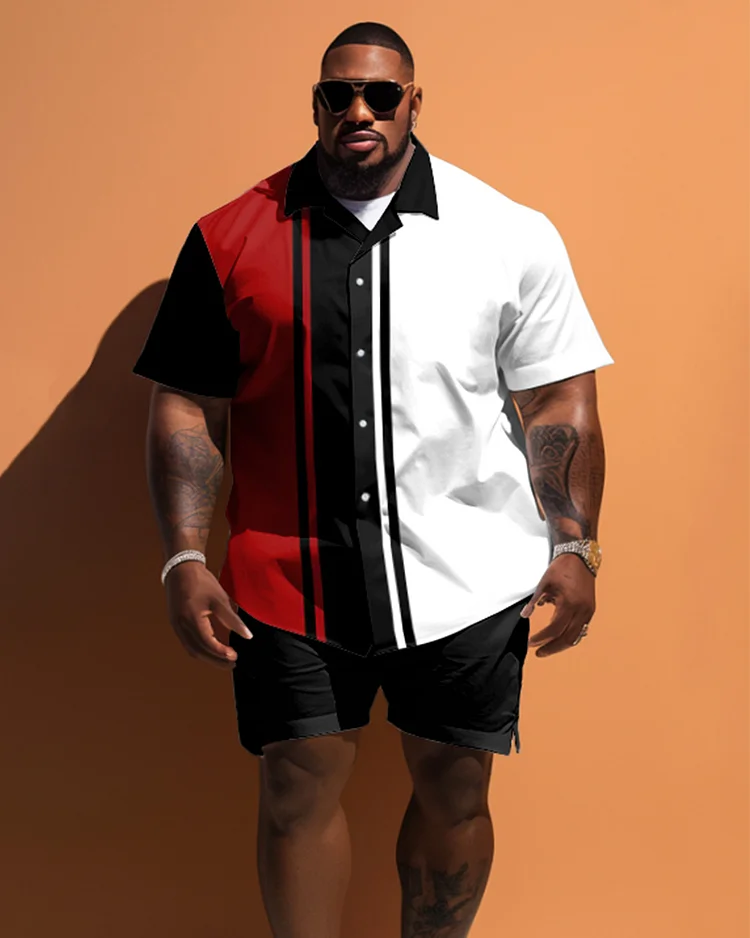 Men's Large Size Simple Color Matching Striped Pattern Short Sleeve Shirt Shorts Set
