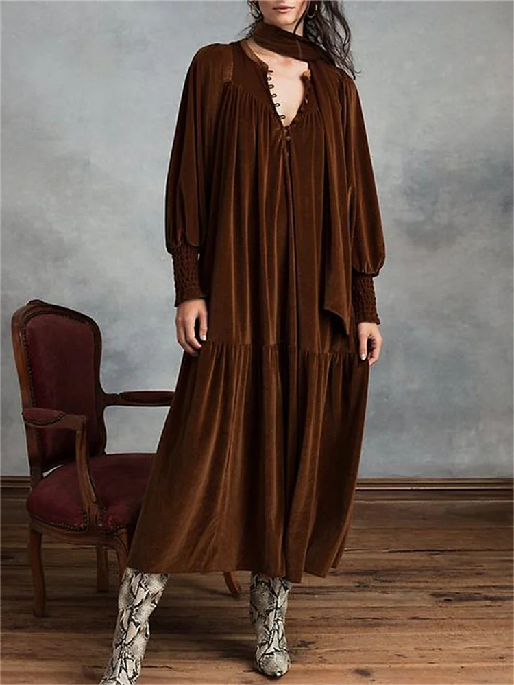 Daily Neckerchief Match Lantern Sleeve Pleated Solid Velvet Midi Dress