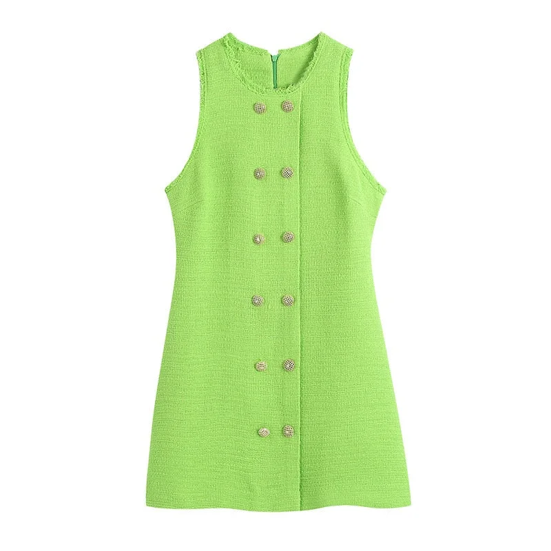 Buttons Woolen Tweed Dress Green Sleeveless Spring Vintage Office Ladies Short Dresses Za 2021 Women Blazer Robe Femme Vestidos