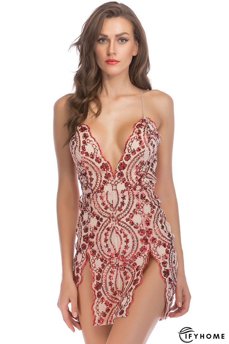 Sexy Scalloped Deep V High Split Sequin Lace Fitted Club Mini Dress - Red | IFYHOME