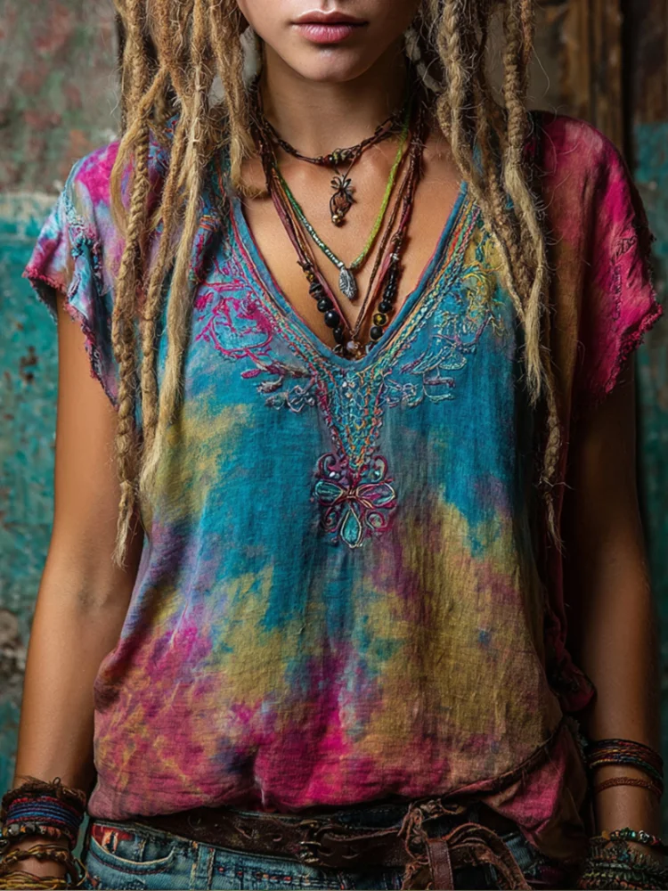 VChics Bohemian Style Personalized Tie-dye Embroidered V-neck Batwing Sleeve Top