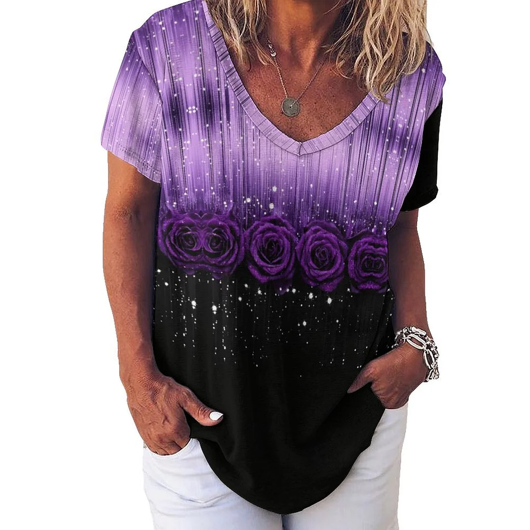 V-neck Short Sleeve Casual T-shirt for  Women Printed with Pattern Purple, Rose, Glitter, Black
