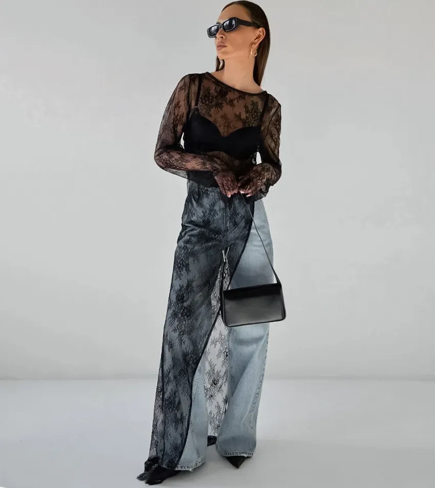 Round Neck Long Sleeve Sheer Lace Asymmetric Slit Maxi Dress