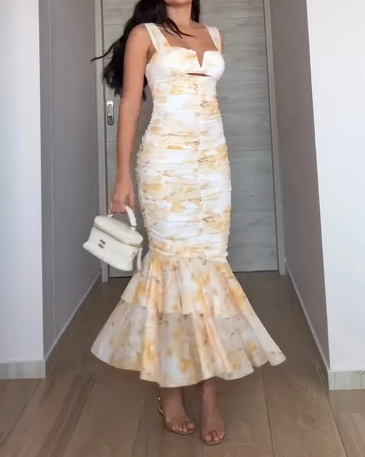 Women's printed tight square neck dress