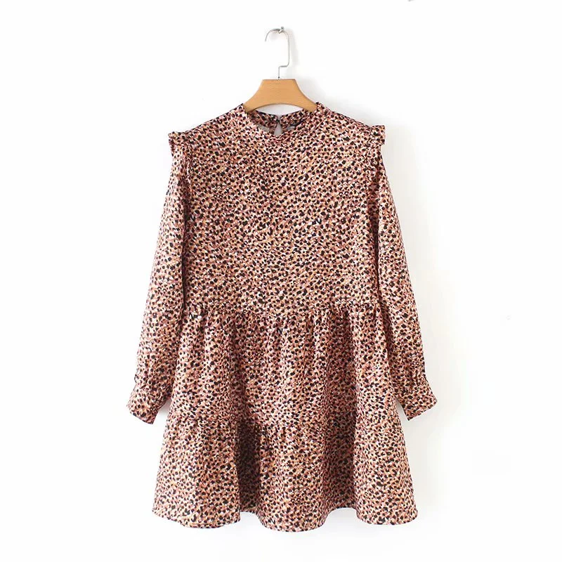 2019 women vintage pleated ruffles leopard print mini dress female o neck long sleeve casual vestidos chic sweet dresses DS1946